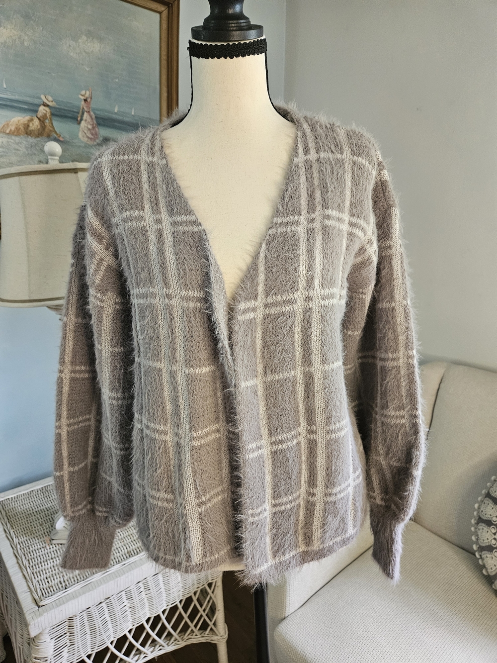 V-Neck Taupe Plaid Fuzzy Women's Cardigan